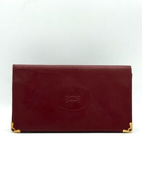 Cartier Bordeaux Leather Long Wallet - Vintage Bifold - Gold Corners- Must Line